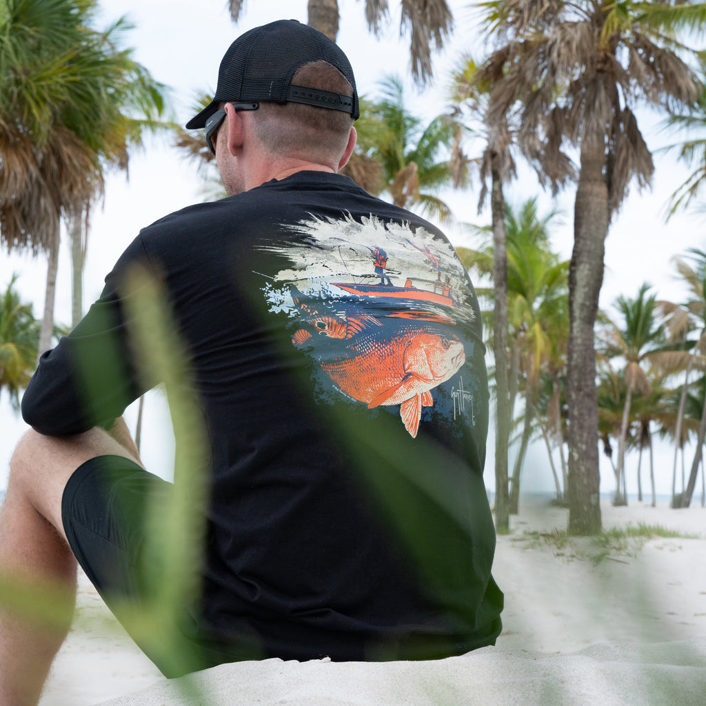 Guy Harvey OG Long Sleeve Pocket Tee - Redfish Tailing — CAVIAR (official product shot)