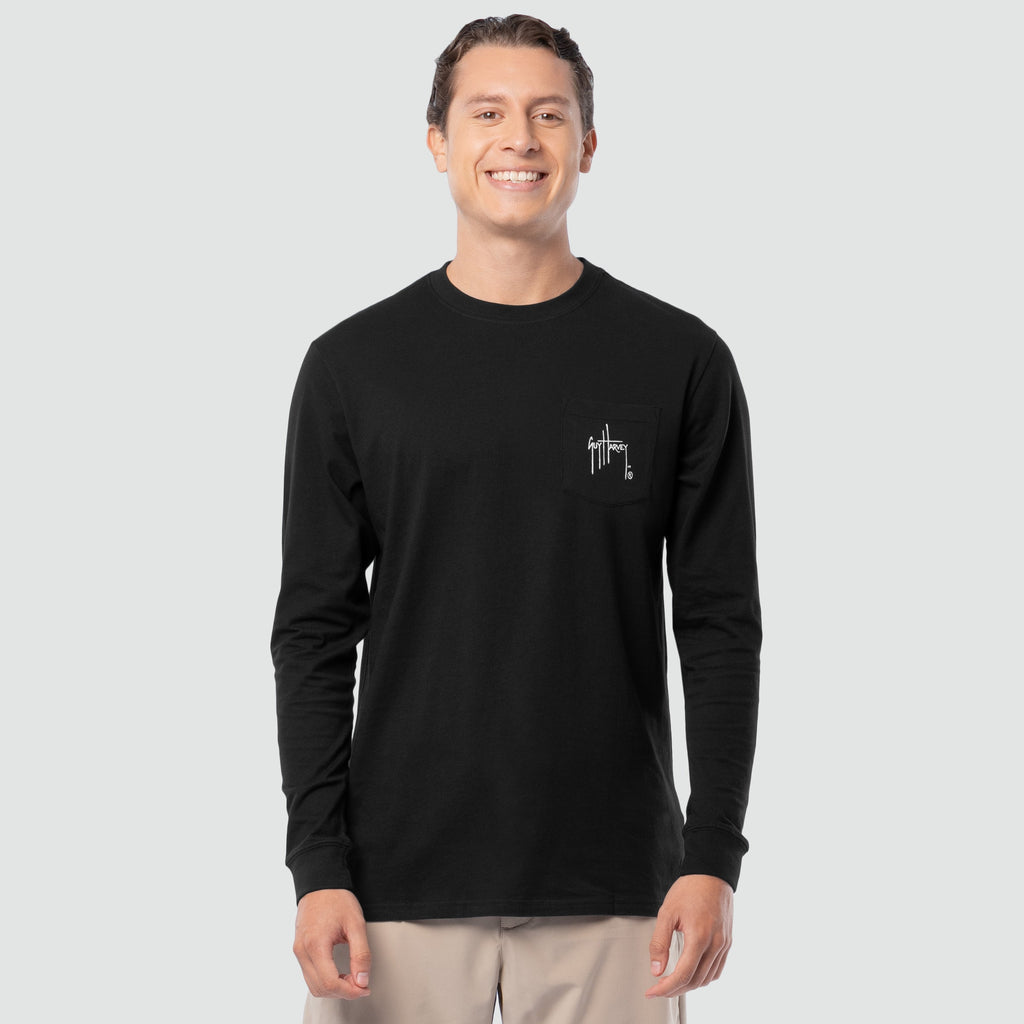 Guy Harvey OG Long Sleeve Pocket Tee - Redfish Tailing — CAVIAR (official product shot)
