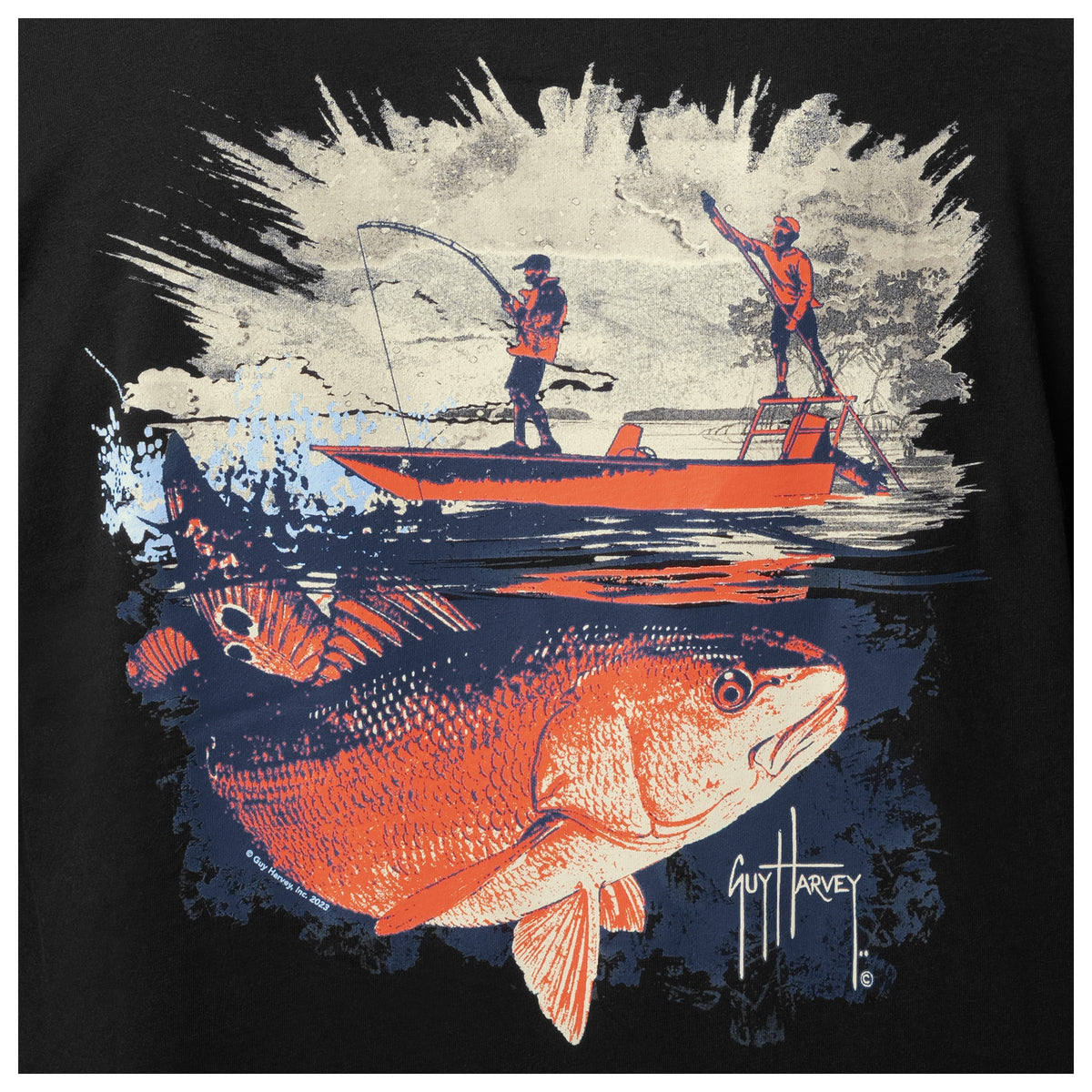Guy Harvey OG Long Sleeve Pocket Tee - Redfish Tailing — CAVIAR (official product shot)