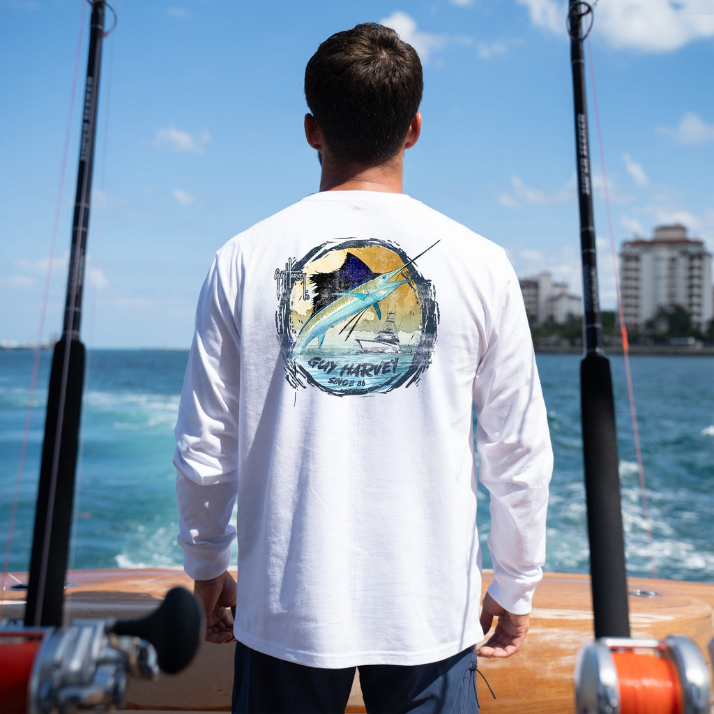 Guy Harvey OG Long Sleeve Pocket Tee - Sunset — BRIGHT WHITE (official product shot)