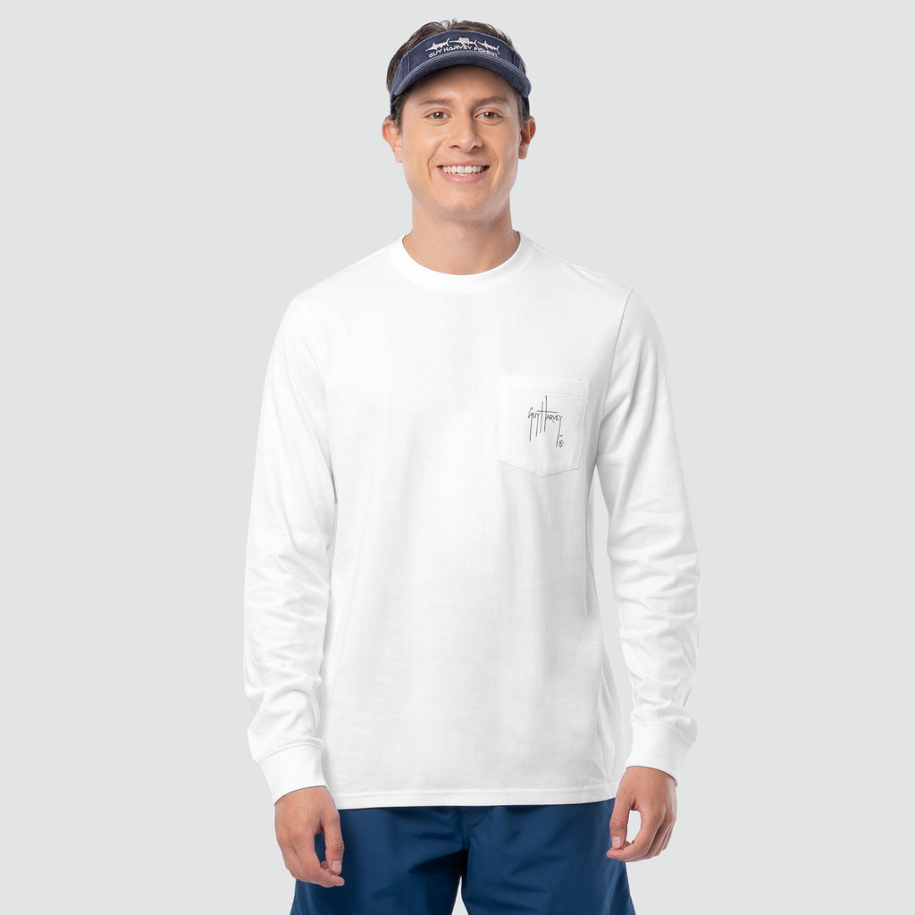 Guy Harvey OG Long Sleeve Pocket Tee - Sunset — BRIGHT WHITE (official product shot)