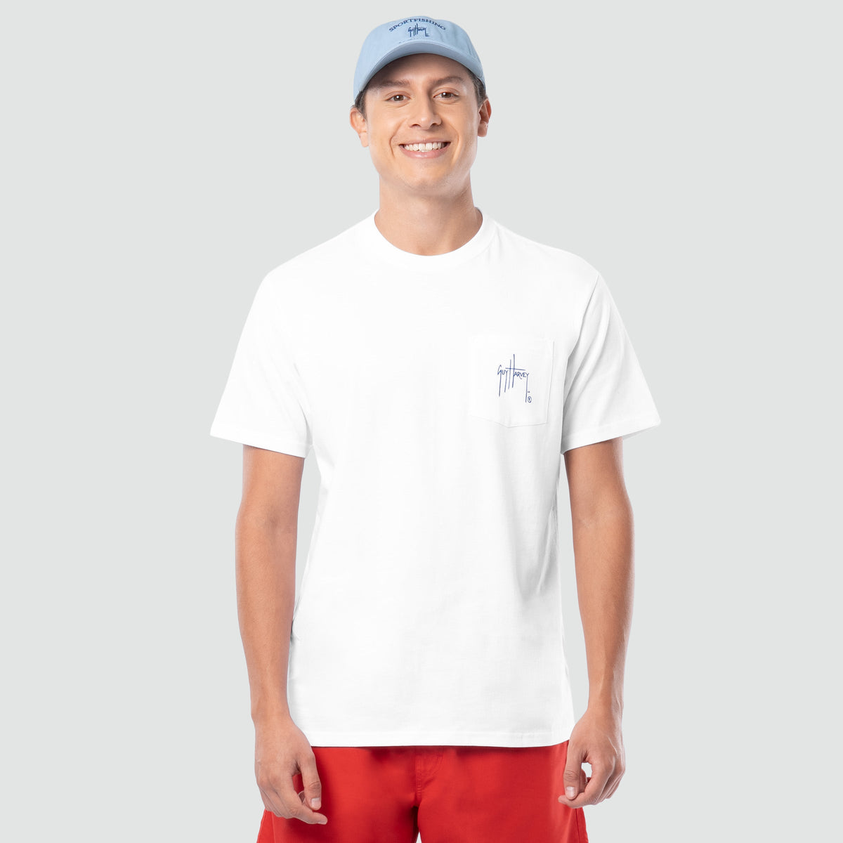 Guy Harvey OG Pocket Tee - Mako Lager — BRIGHT WHITE (official product shot)