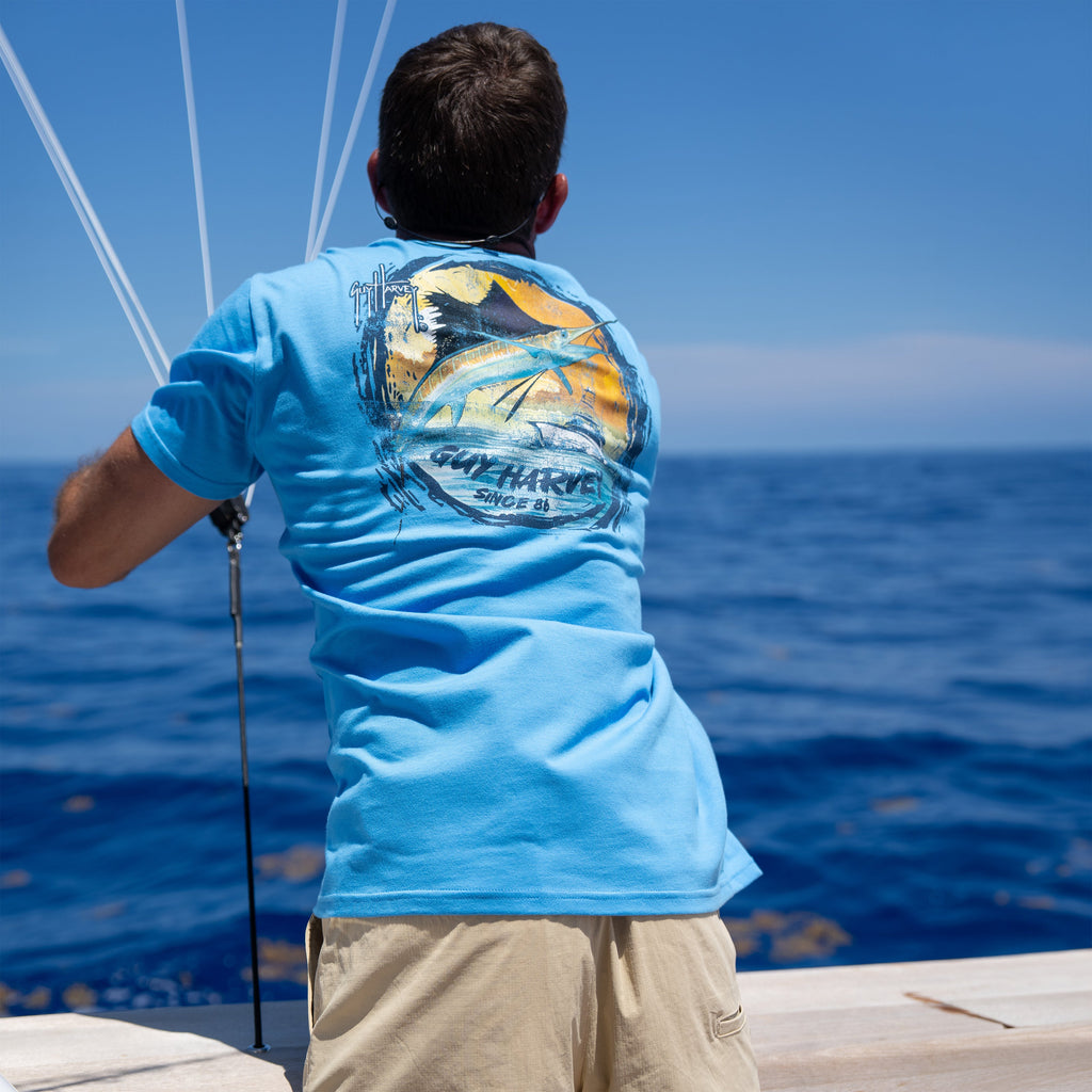 Guy Harvey OG Pocket Tee - Sunset — AZURE BLUE (official product shot)