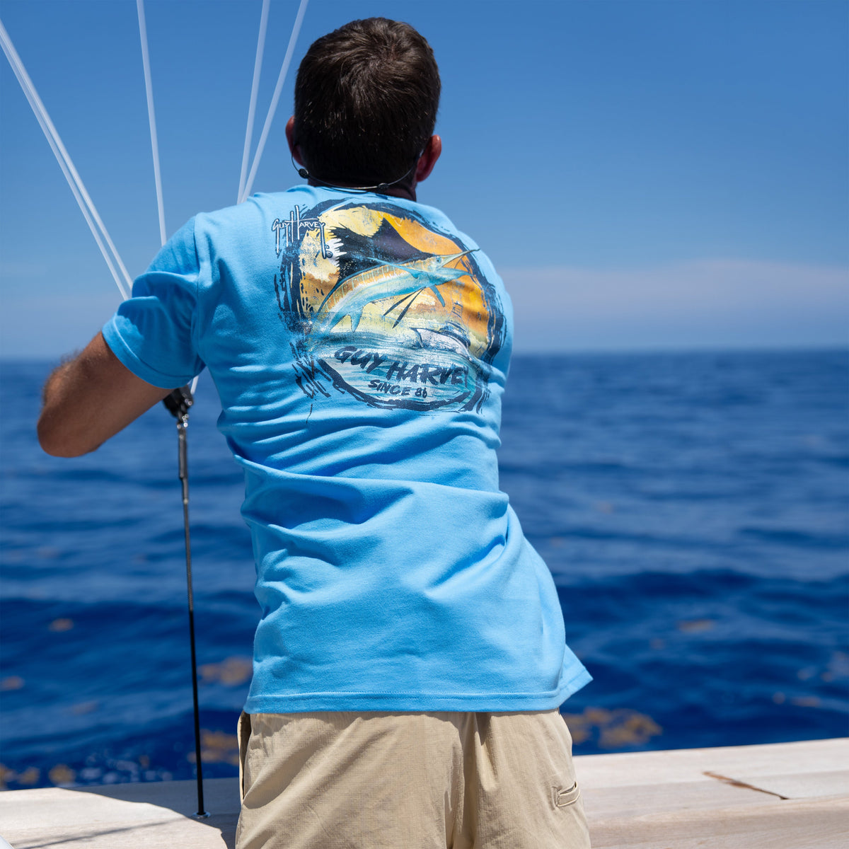 Guy Harvey OG Pocket Tee - Sunset — AZURE BLUE (official product shot)