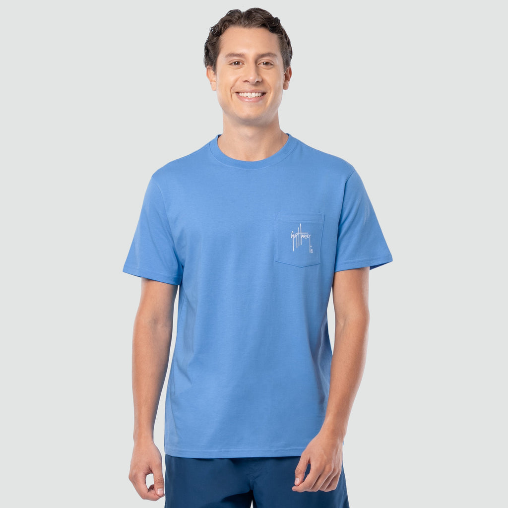 Guy Harvey OG Pocket Tee - Sunset — AZURE BLUE (official product shot)