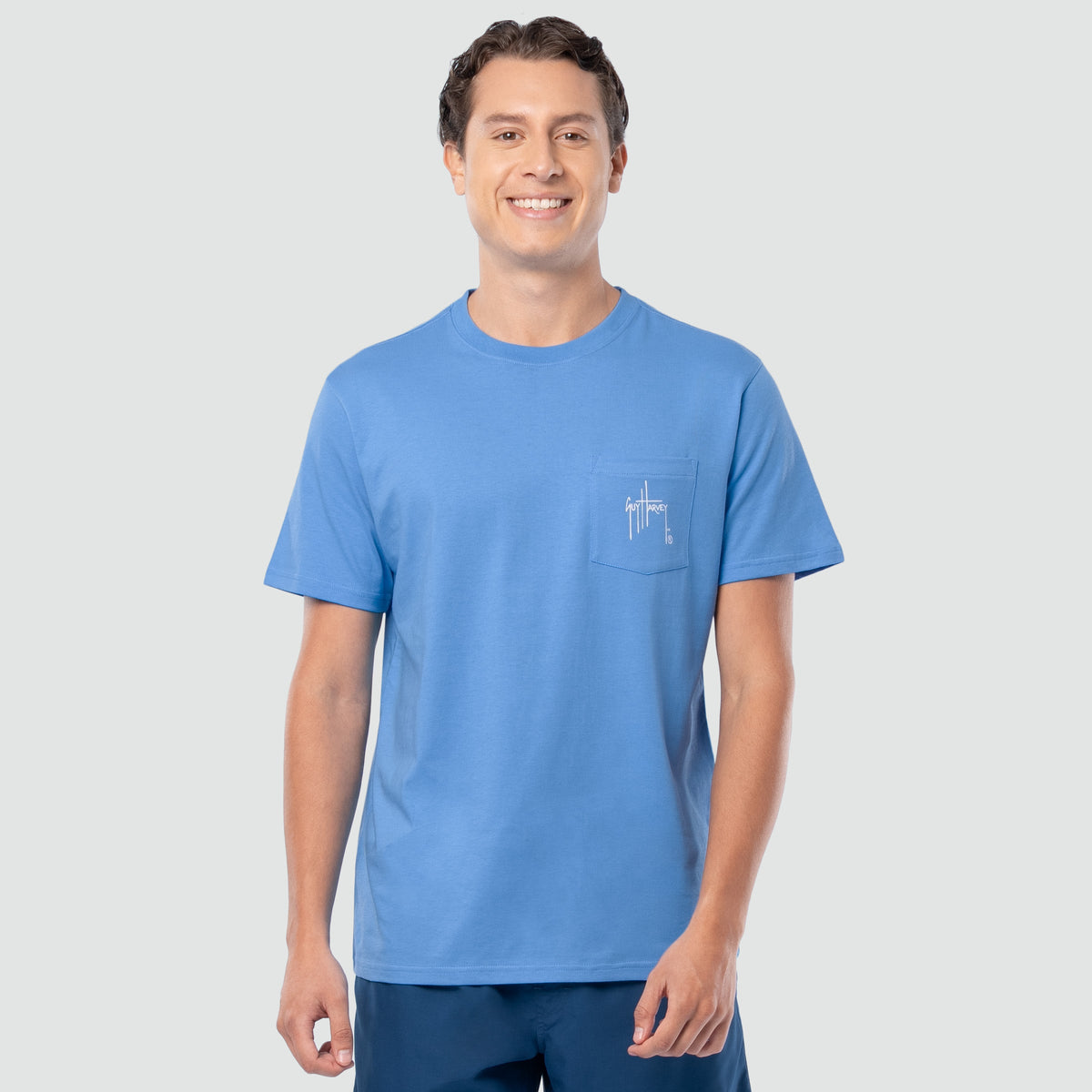 Guy Harvey OG Pocket Tee - Sunset — AZURE BLUE (official product shot)