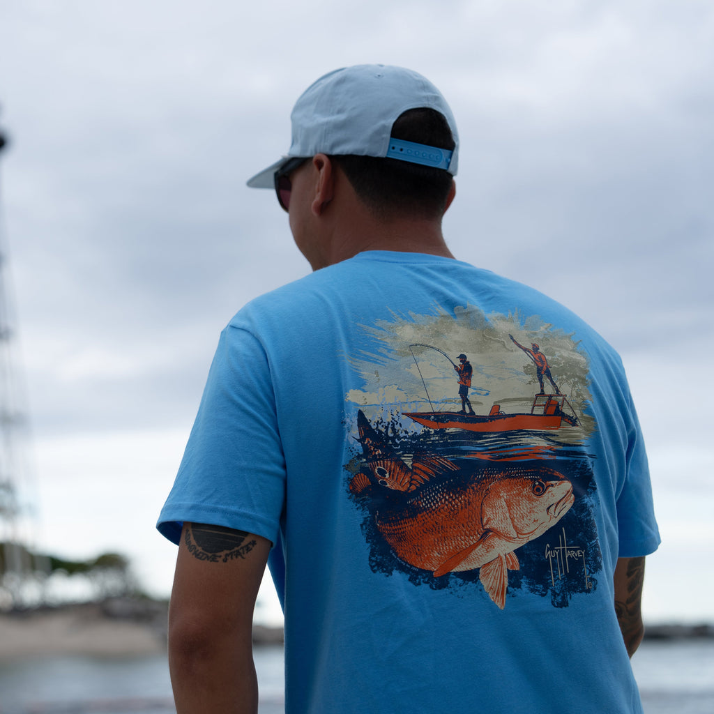 Guy Harvey OG Tee - Redfish Tailing — AZURE BLUE (official product shot)