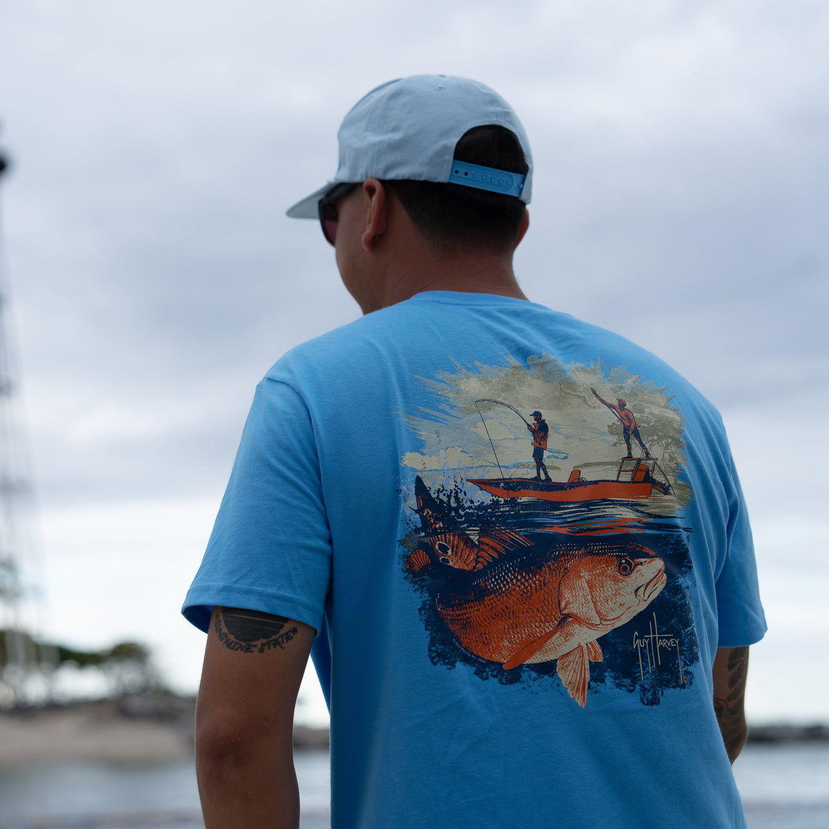 Guy Harvey OG Tee - Redfish Tailing — AZURE BLUE (official product shot)