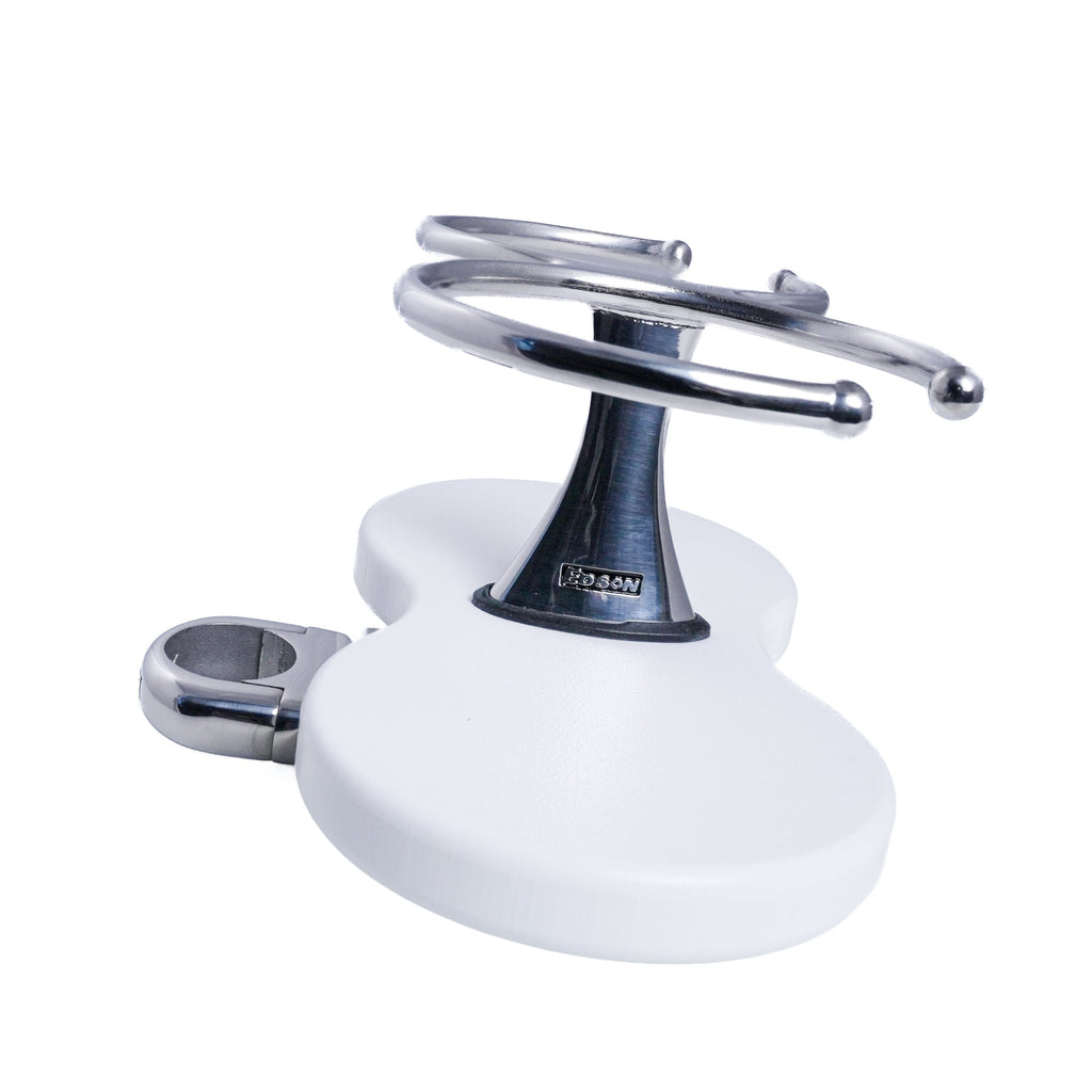 Double Clamp-On Stainless Steel Drink Holder White Poly Base