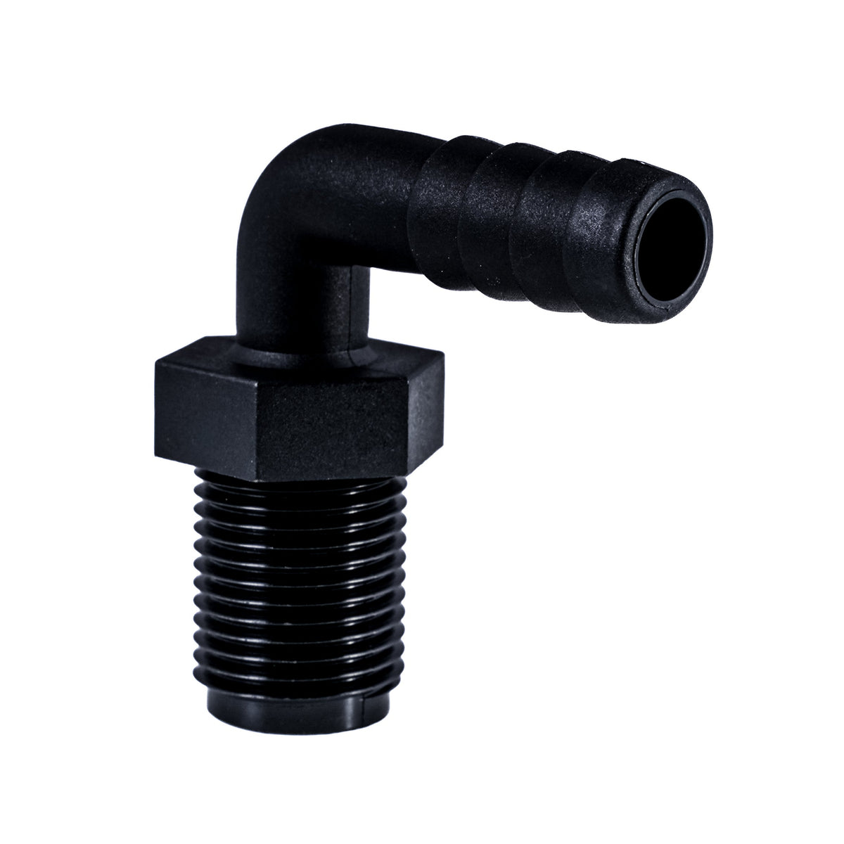 Hose Barb 90deg .5" x .5" (12.7mm x 12.7mm) NPS Long Thread, Black
