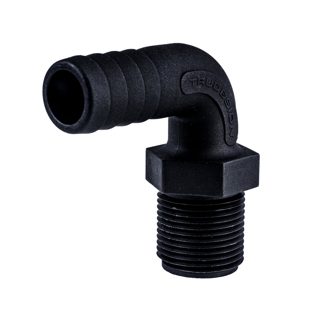 Hose Barb 90deg .75" x .75" (19.1mm x 19.1mm) NPS Long Thread, Black