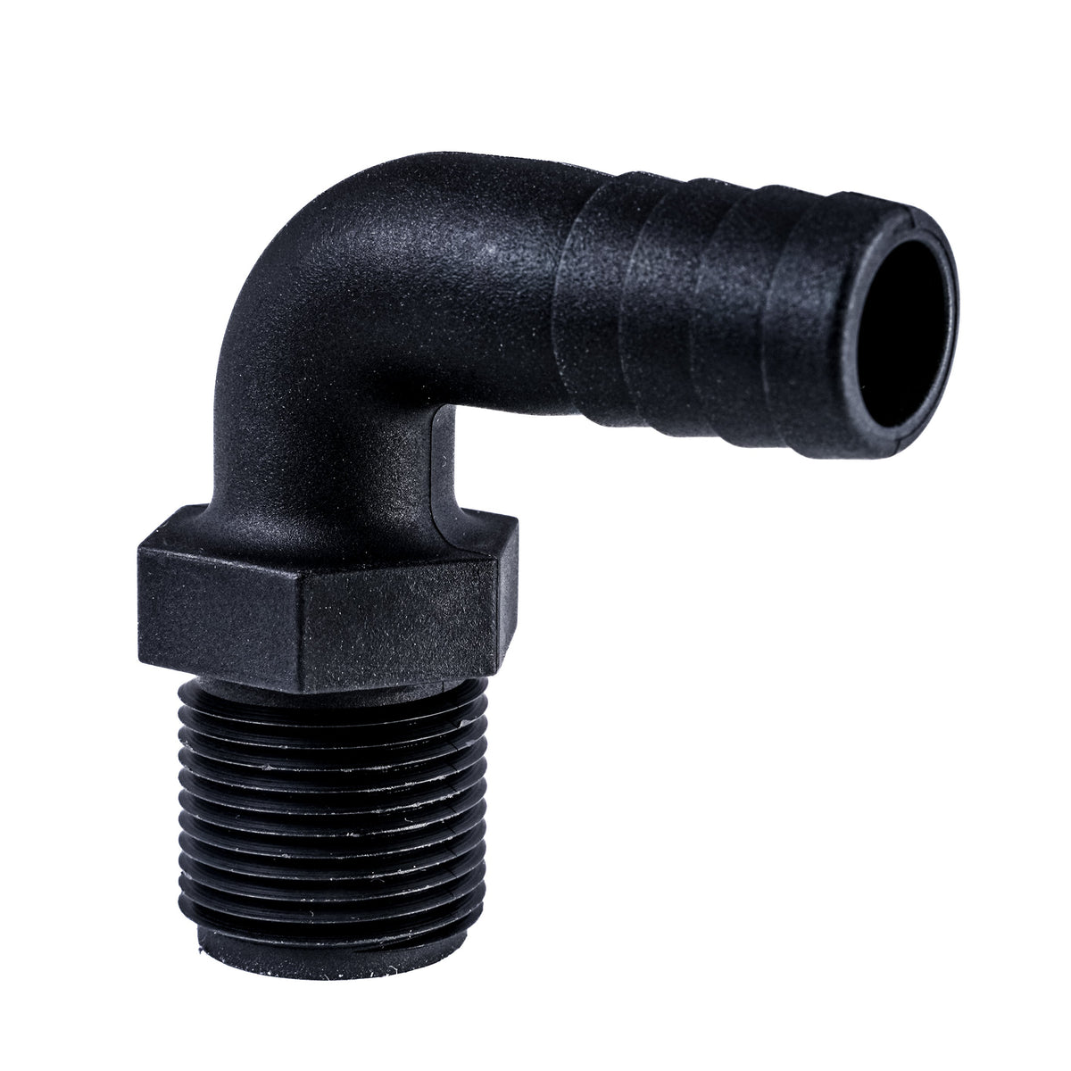 Hose Barb 90deg .75" x .75" (19.1mm x 19.1mm) NPS Long Thread, Black
