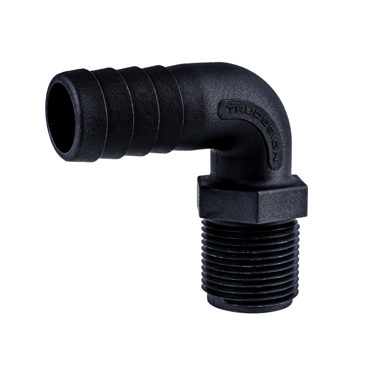 Hose Barb 90deg 1" x 1" (25.4mm x 25.4mm) NPS Long Thread, Black
