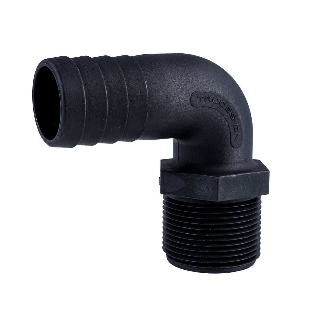 Hose Barb 90deg 1.25" x 1.25" (31.8mm x 31.8mm) NPS Long Thread, Black