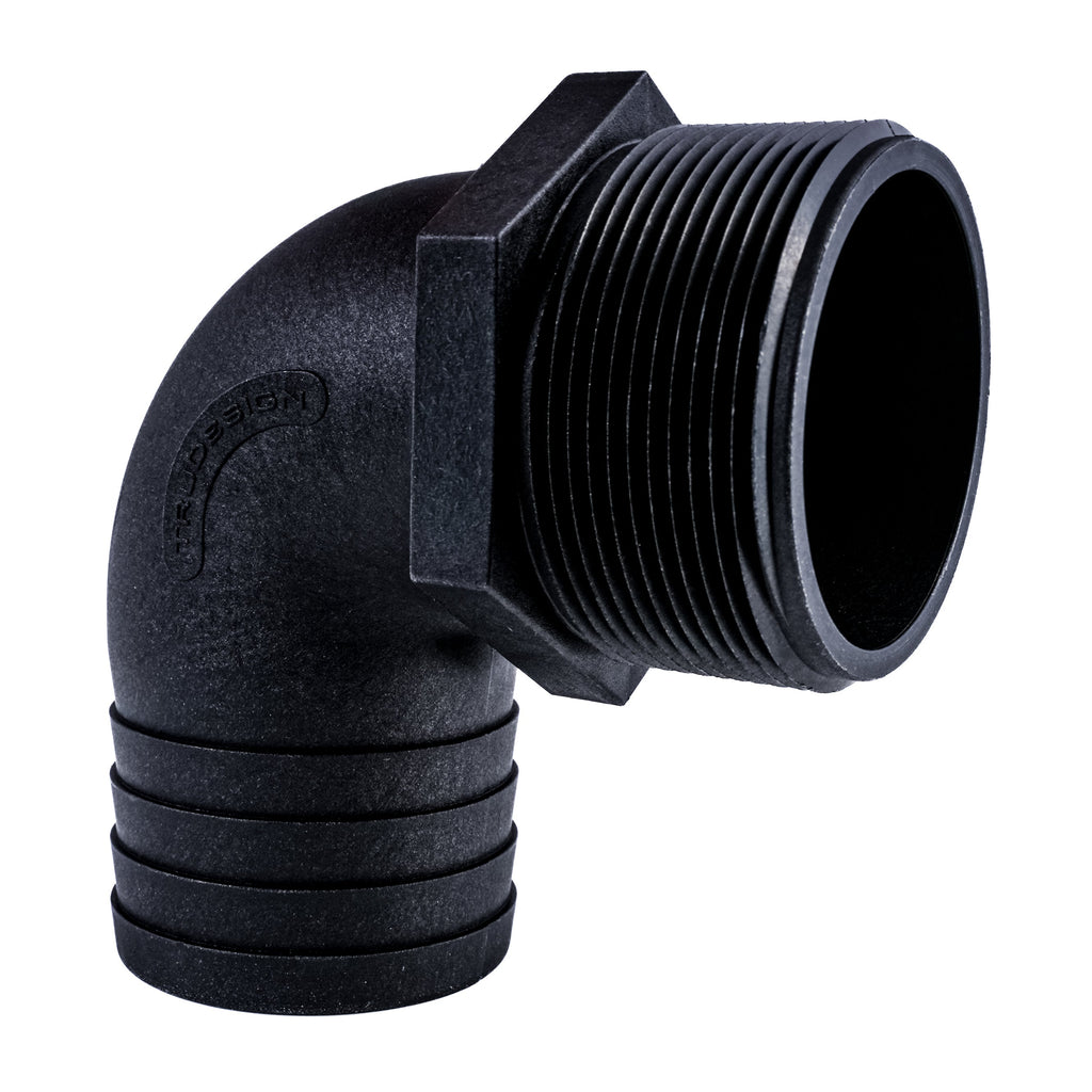 Hose Barb 90deg 2" x 2" (50.8mm x 50.8mm) NPS Long Thread, Black
