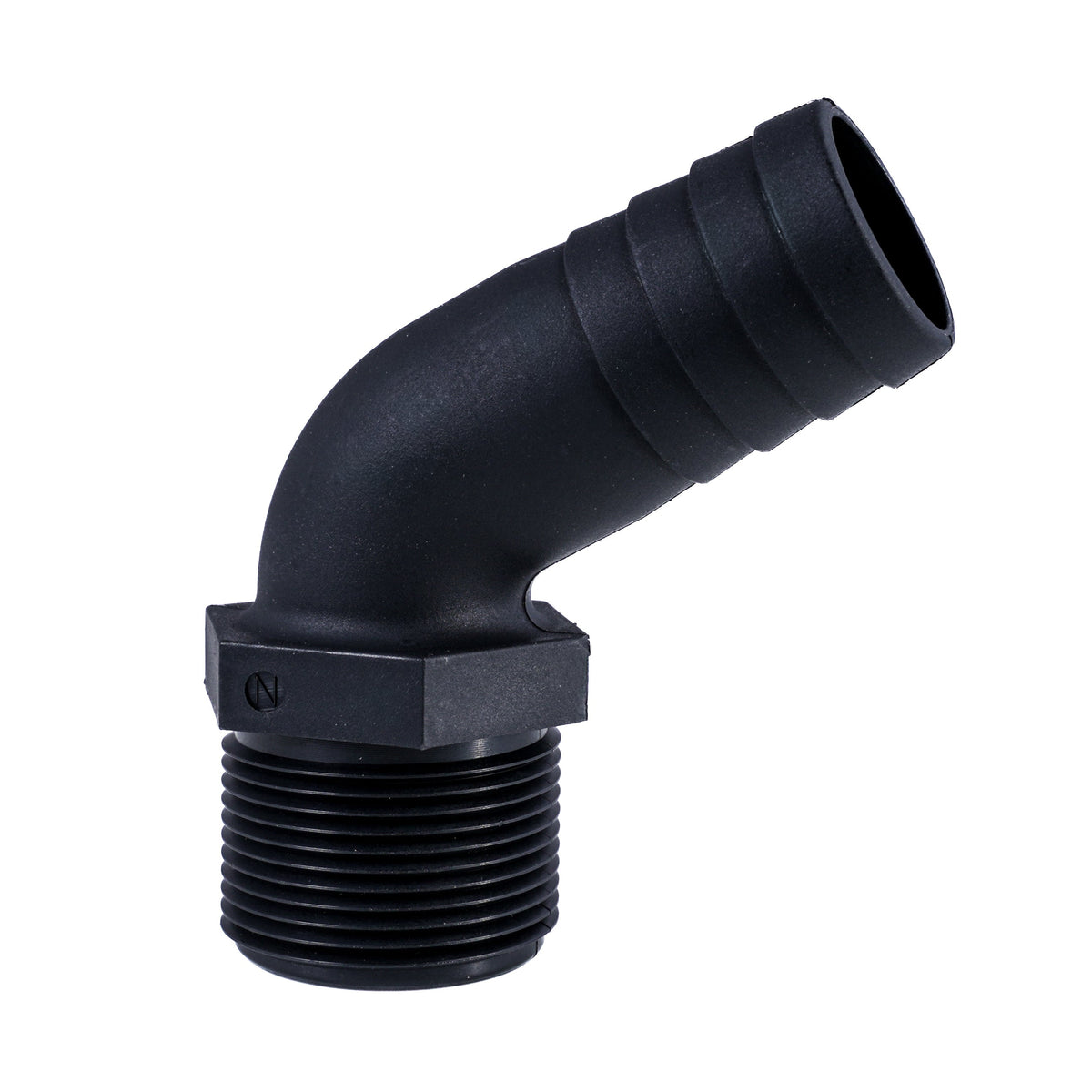 Hose Barb 1.25" x 1.25" (31.8mm x 31.8mm) NPS Long Thread 120deg, Black