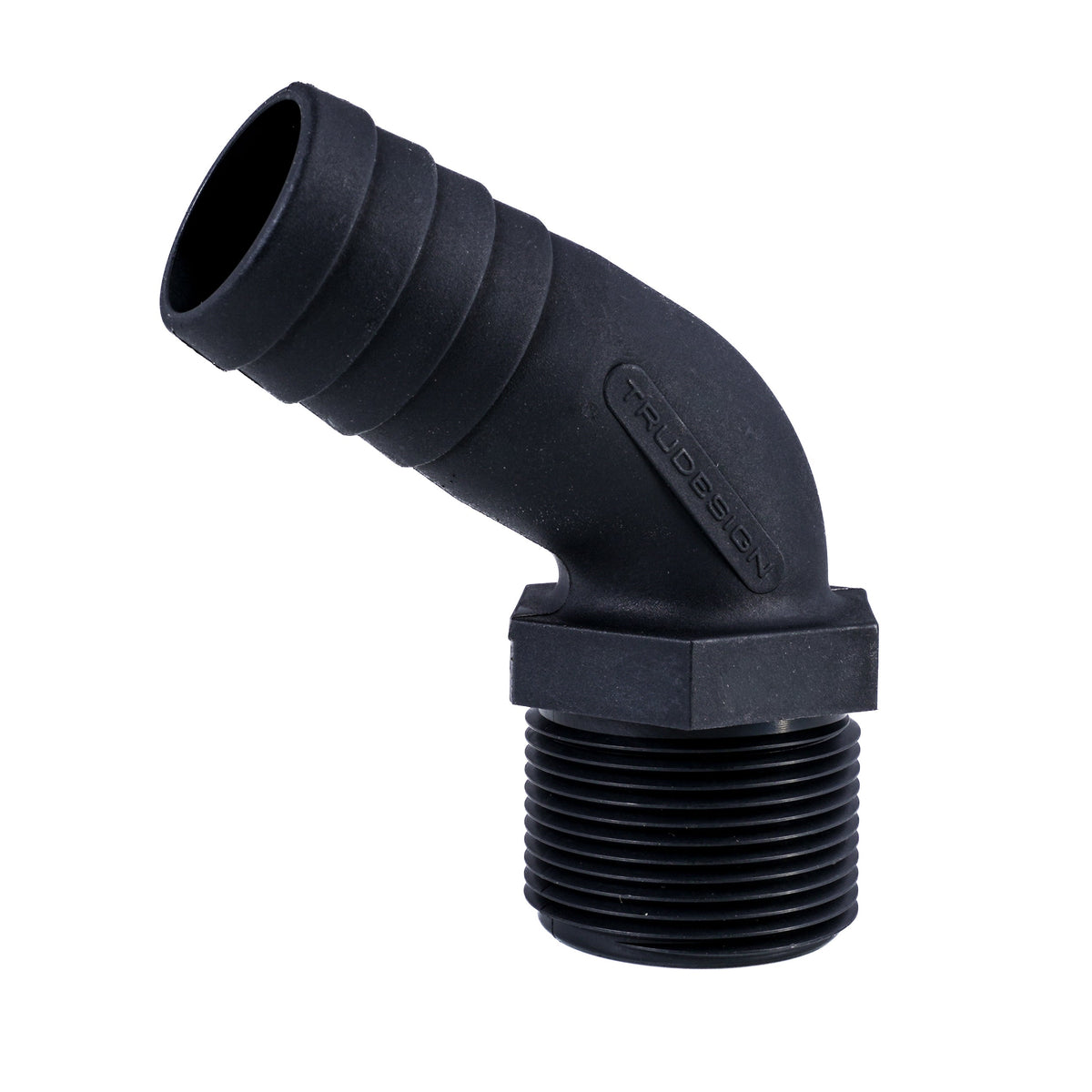 Hose Barb 1.25" x 1.25" (31.8mm x 31.8mm) NPS Long Thread 120deg, Black