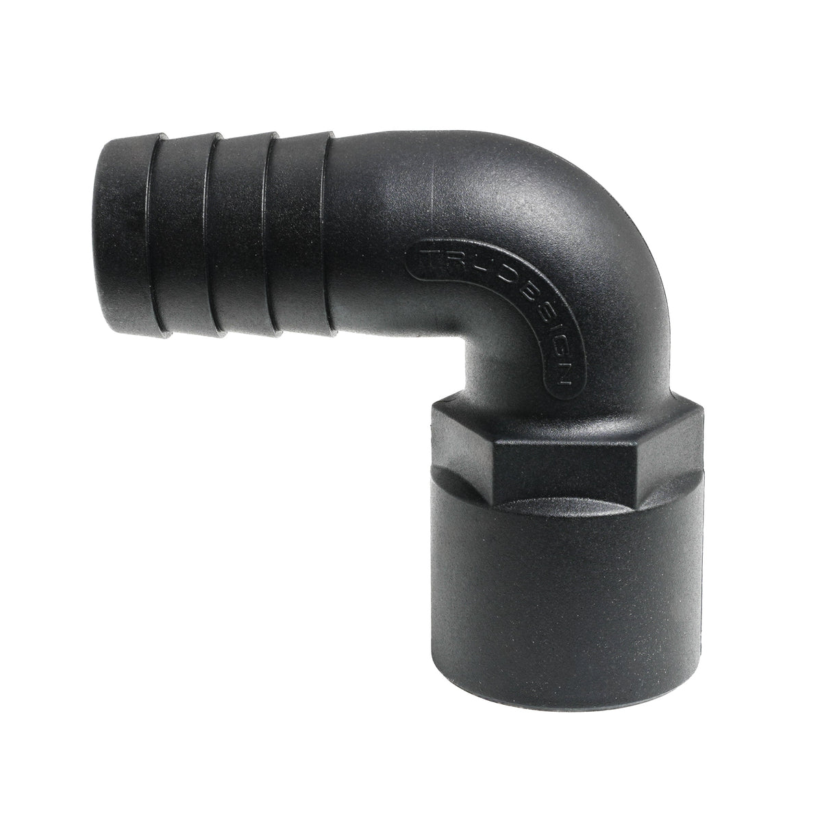 Hose Barb 90deg Unequal 1.125" x 1" (28.6mm x 25.4mm) NPS Female Thread, Black