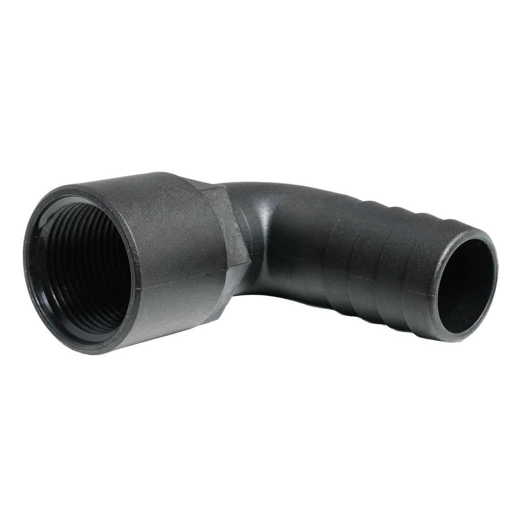 Hose Barb 90deg Unequal 1.125" x 1" (28.6mm x 25.4mm) NPS Female Thread, Black