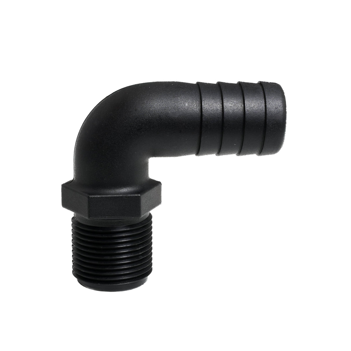 Hose Barb 90deg Unequal 1.125" x 1" (28.6mm x 25.4mm) NPS Long Thread, Black