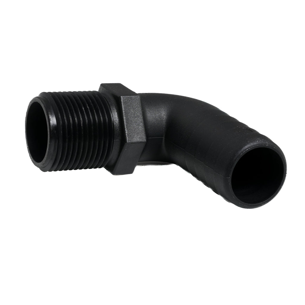 Hose Barb 90deg Unequal 1.125" x 1" (28.6mm x 25.4mm) NPS Long Thread, Black
