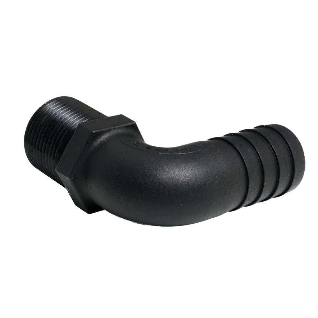 Hose Barb 90deg Unequal 1.125" x 1" (28.6mm x 25.4mm) NPS Long Thread, Black