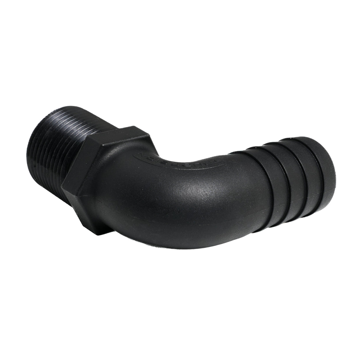 Hose Barb 90deg Unequal 1.125" x 1" (28.6mm x 25.4mm) NPS Long Thread, Black