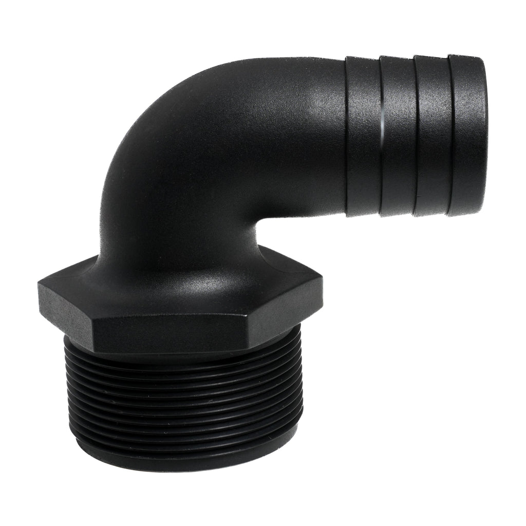 Hose Barb 90deg Unequal 1.5" x 2" (38.1mm x 50.8mm) NPS Long Thread, Black