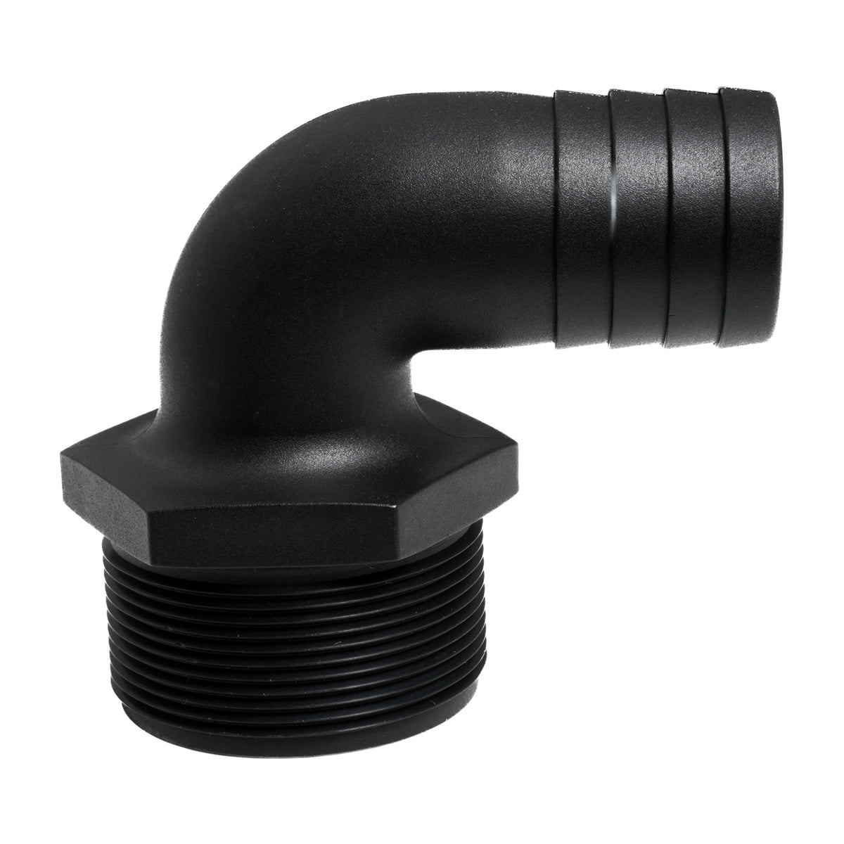 Hose Barb 90deg Unequal 1.5" x 2" (38.1mm x 50.8mm) NPS Long Thread, Black