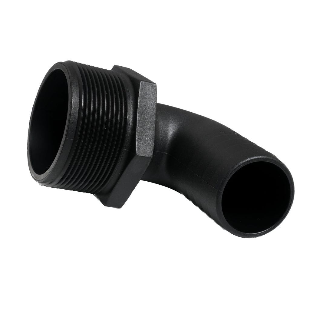 Hose Barb 90deg Unequal 1.5" x 2" (38.1mm x 50.8mm) NPS Long Thread, Black