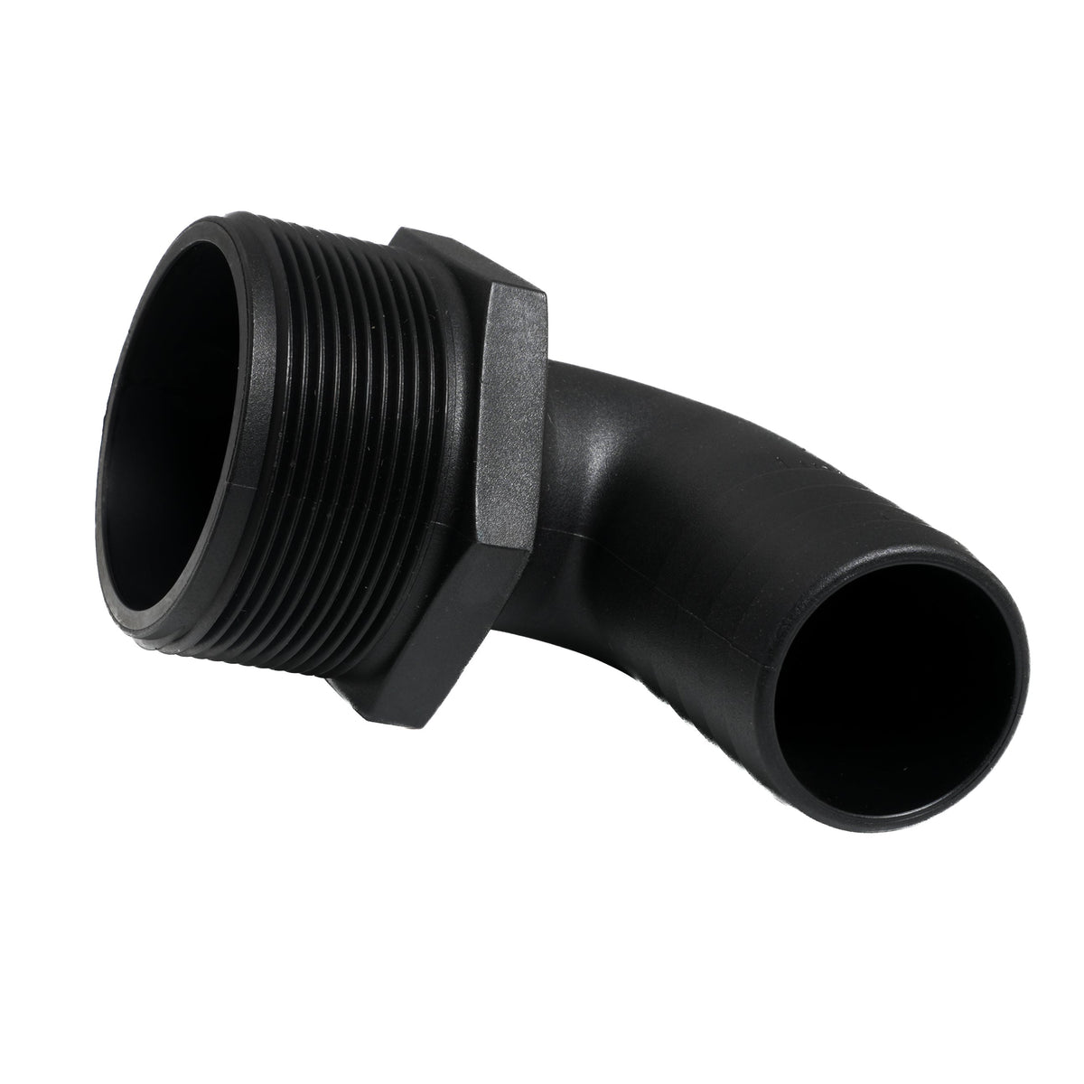 Hose Barb 90deg Unequal 1.5" x 2" (38.1mm x 50.8mm) NPS Long Thread, Black