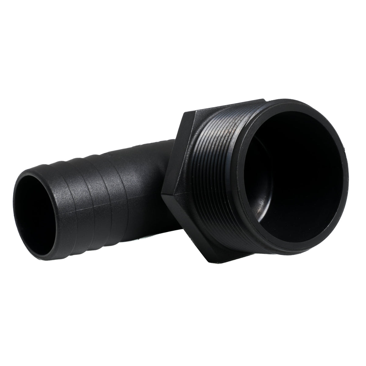Hose Barb 90deg Unequal 1.5" x 2" (38.1mm x 50.8mm) NPS Long Thread, Black