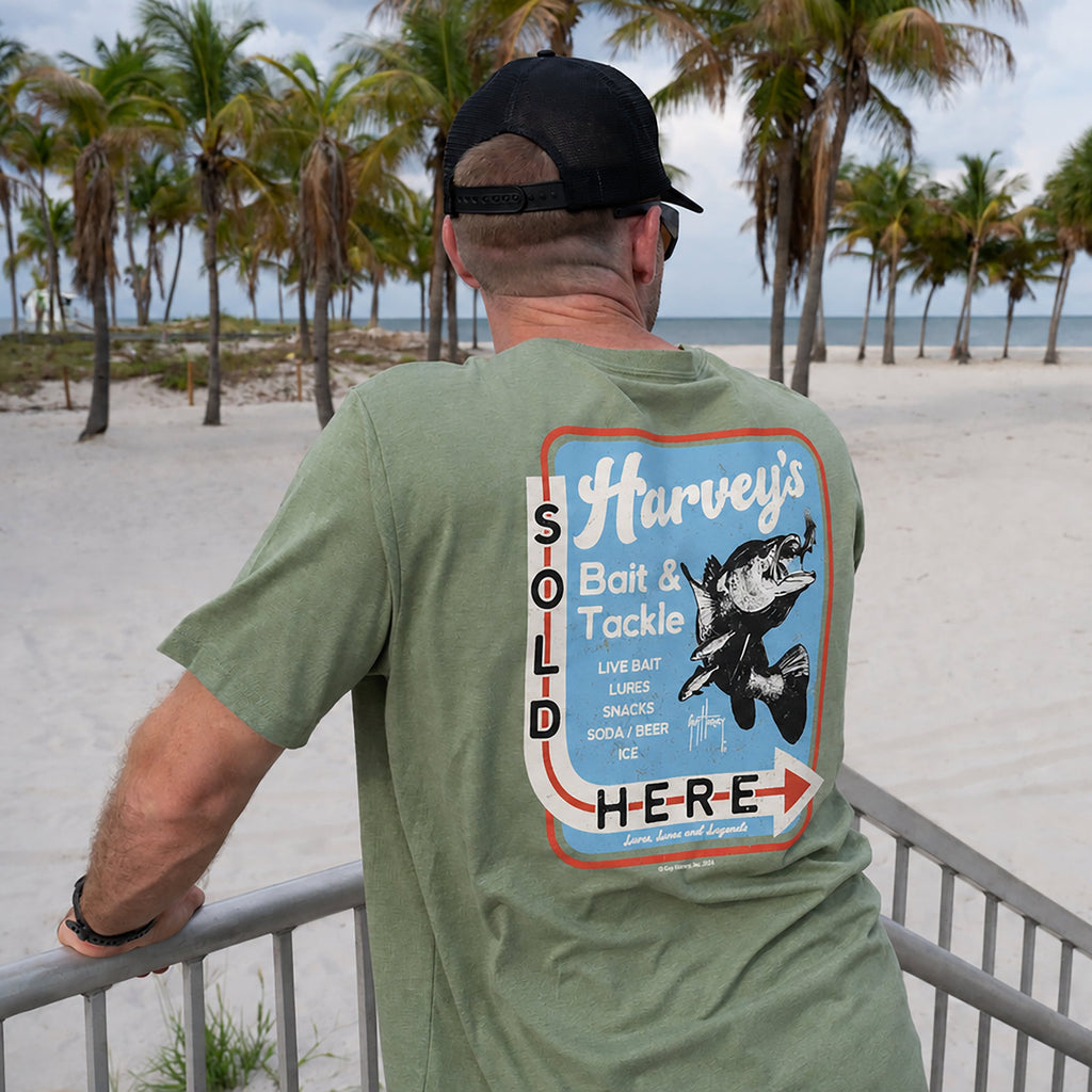 Guy Harvey Threadcycled Tee - Vintage Tackle — DARK OLIVE HEATHER (official product shot)