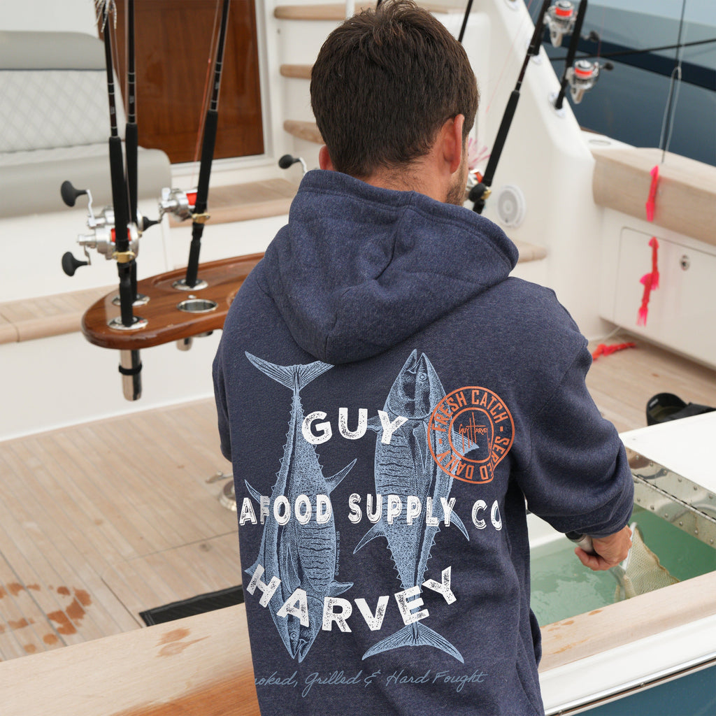 Guy Harvey Tradewinds Fleece Hoodie - Seafood Supply — DARK NAVY HEATHER (official product shot)