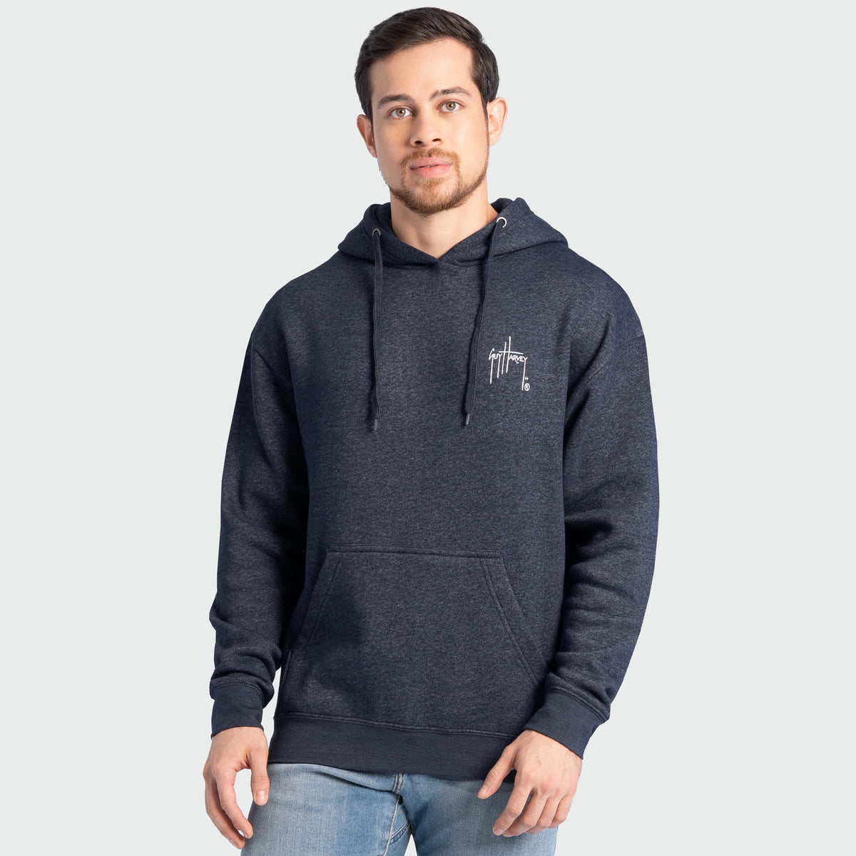 Guy Harvey Tradewinds Fleece Hoodie - Seafood Supply — DARK NAVY HEATHER (official product shot)