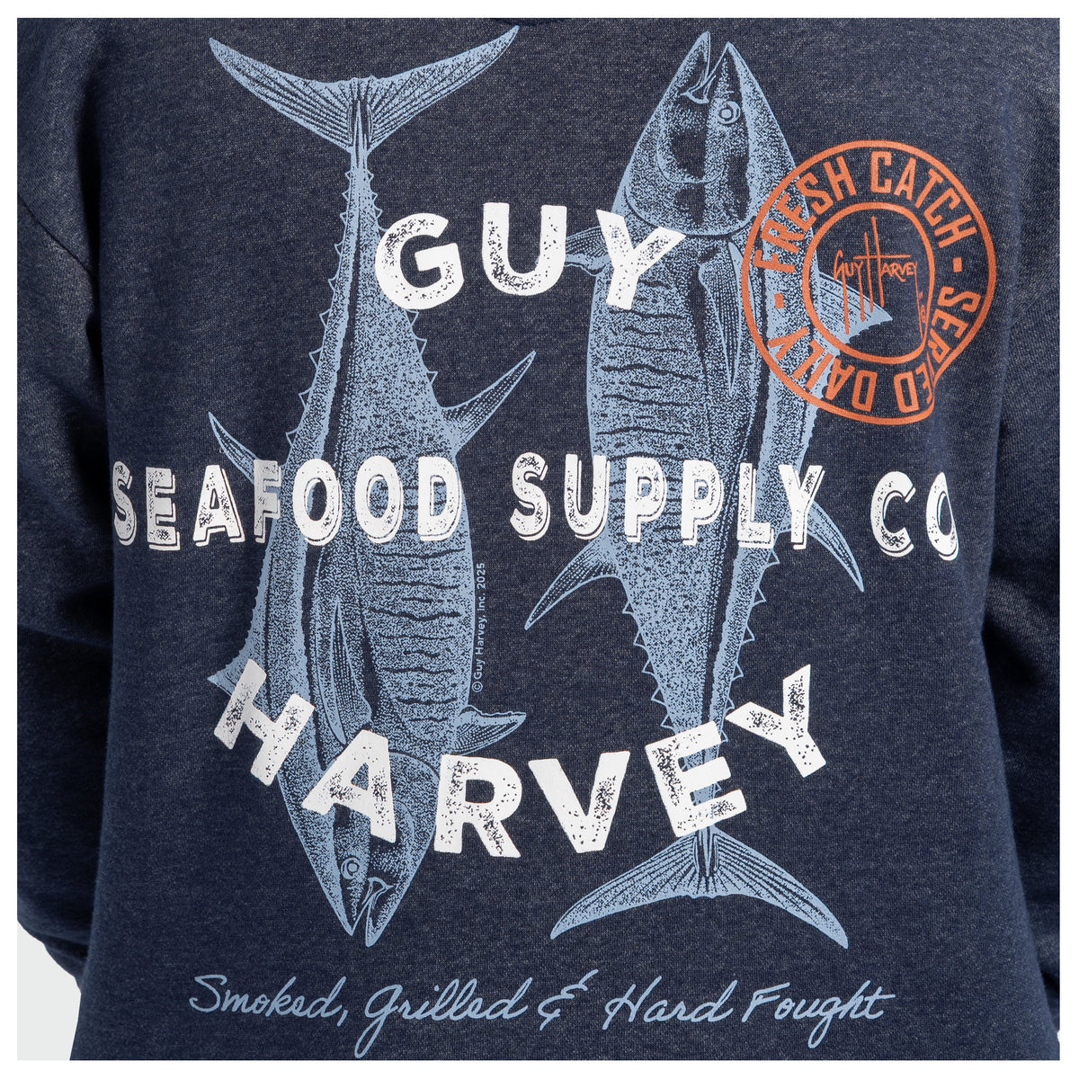 Guy Harvey Tradewinds Fleece Hoodie - Seafood Supply — DARK NAVY HEATHER (official product shot)