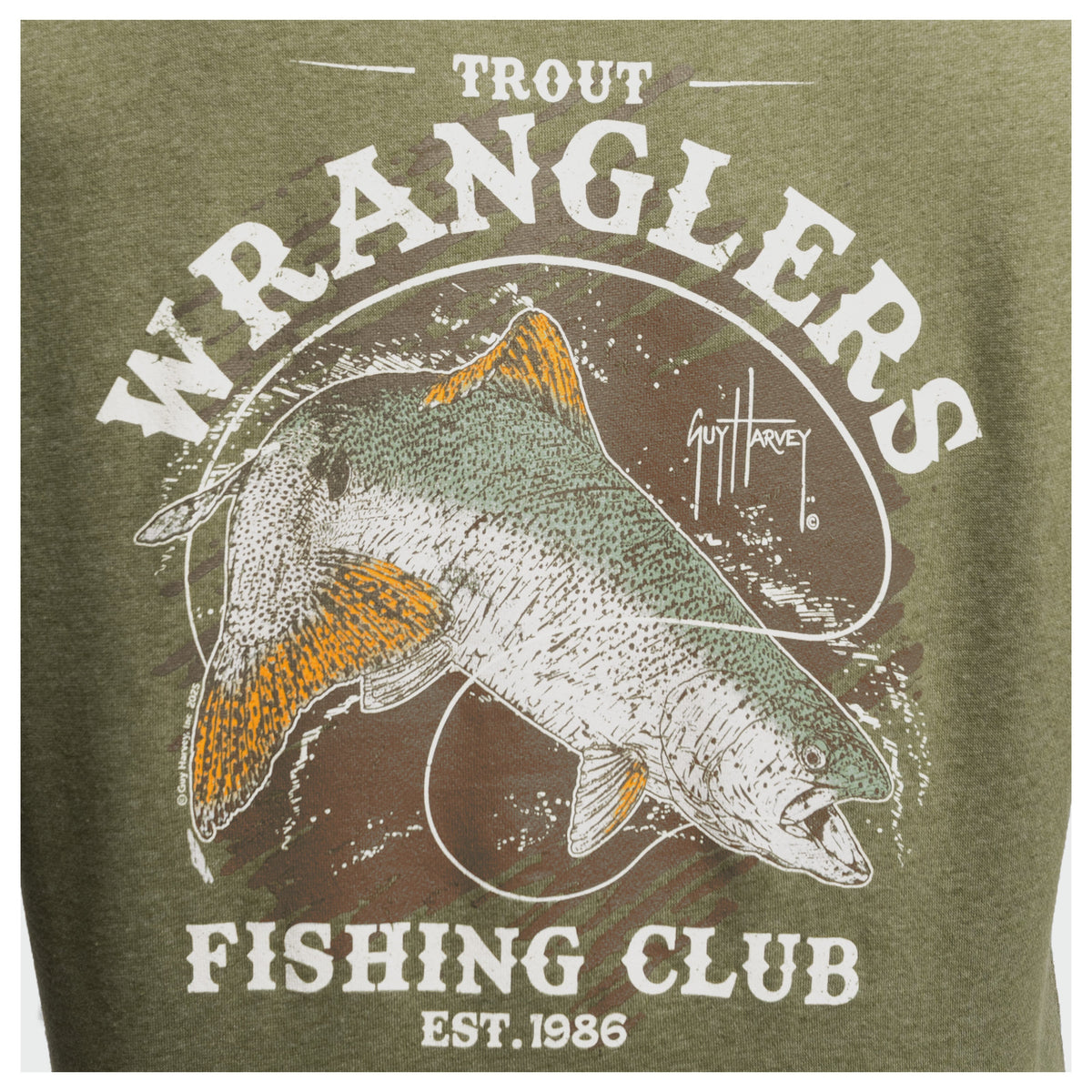 Guy Harvey Tradewinds Fleece Hoodie - Trout Wranglers — DARK OLIVE HEATHER (official product shot)