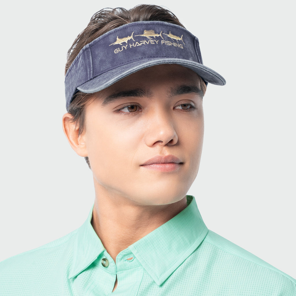 Guy Harvey Washed Embroidered Billfish Visor — NAVY (official product shot)